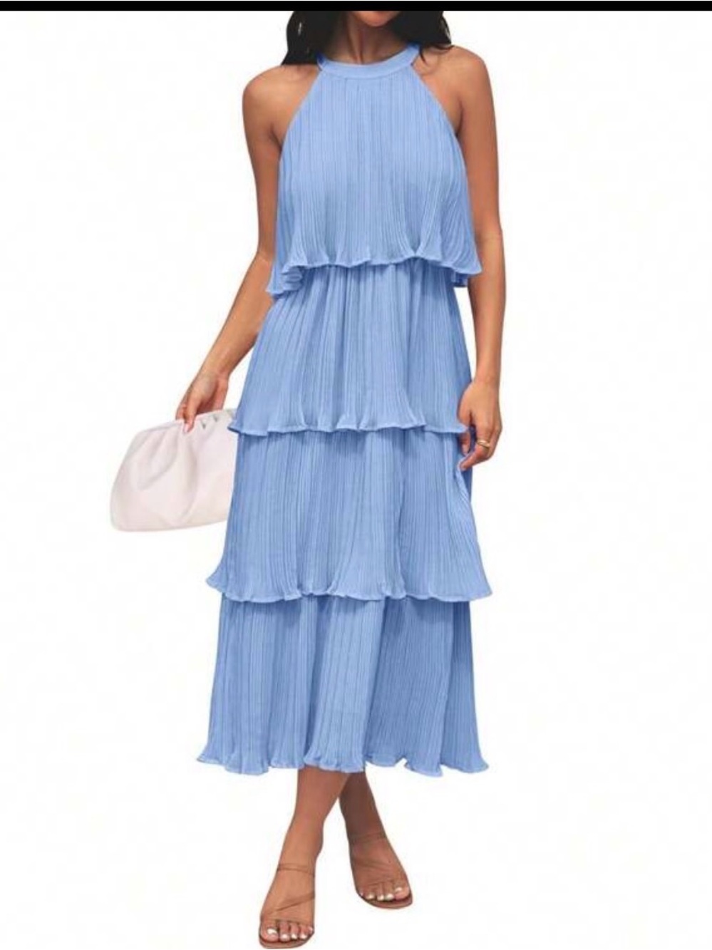Light Blue Tiered Halter Midi Dress